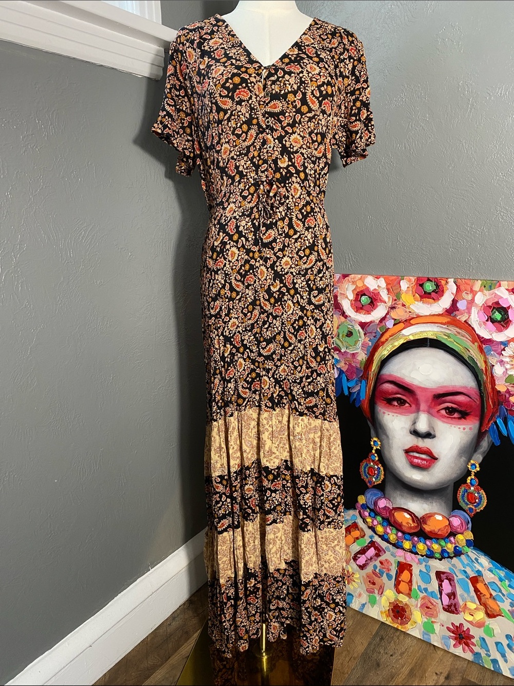 Kate & Sam 100% Rayon Floral Maxi Dress Medium Boho Prairie Cottagecore Festival